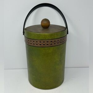 Vintage Ice Bucket Green Brown Vinyl MCM Barware Wood Handle Large